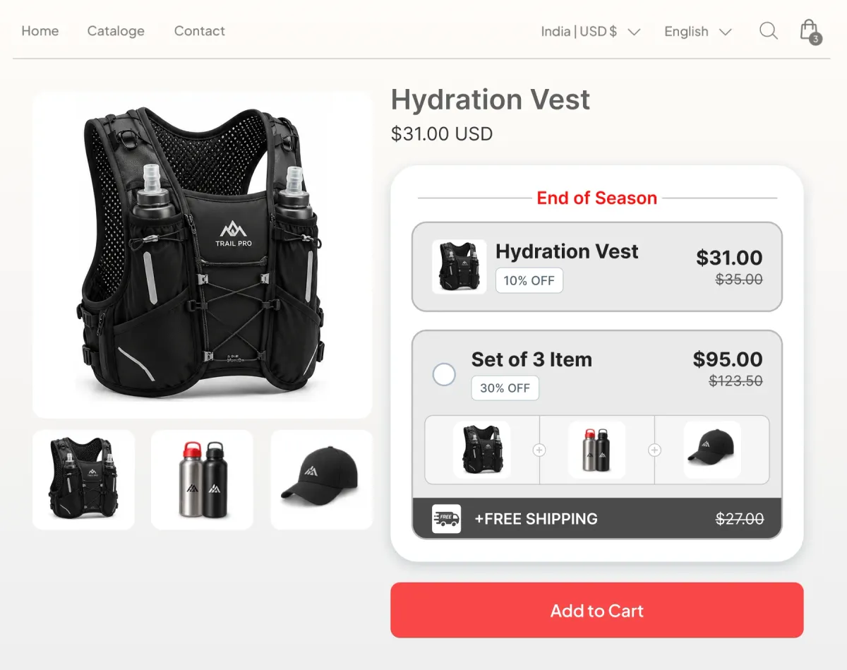 Hydration vest page with an End of Season header offering the vest alone or a set of three at 30% off with free shipping attached