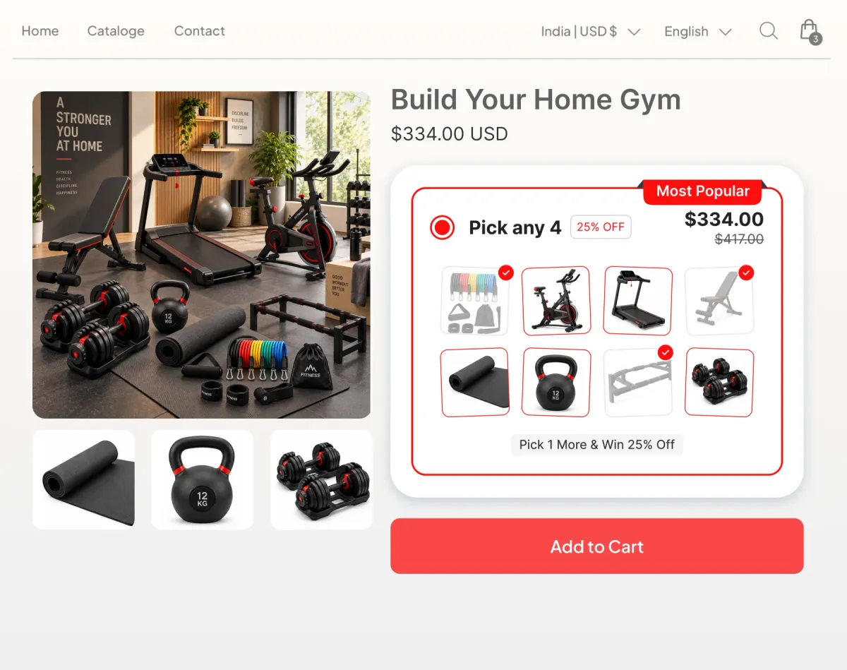 Build Your Home Gym page with a Pick any 4 mix and match panel of eight pieces of equipment at 25% off