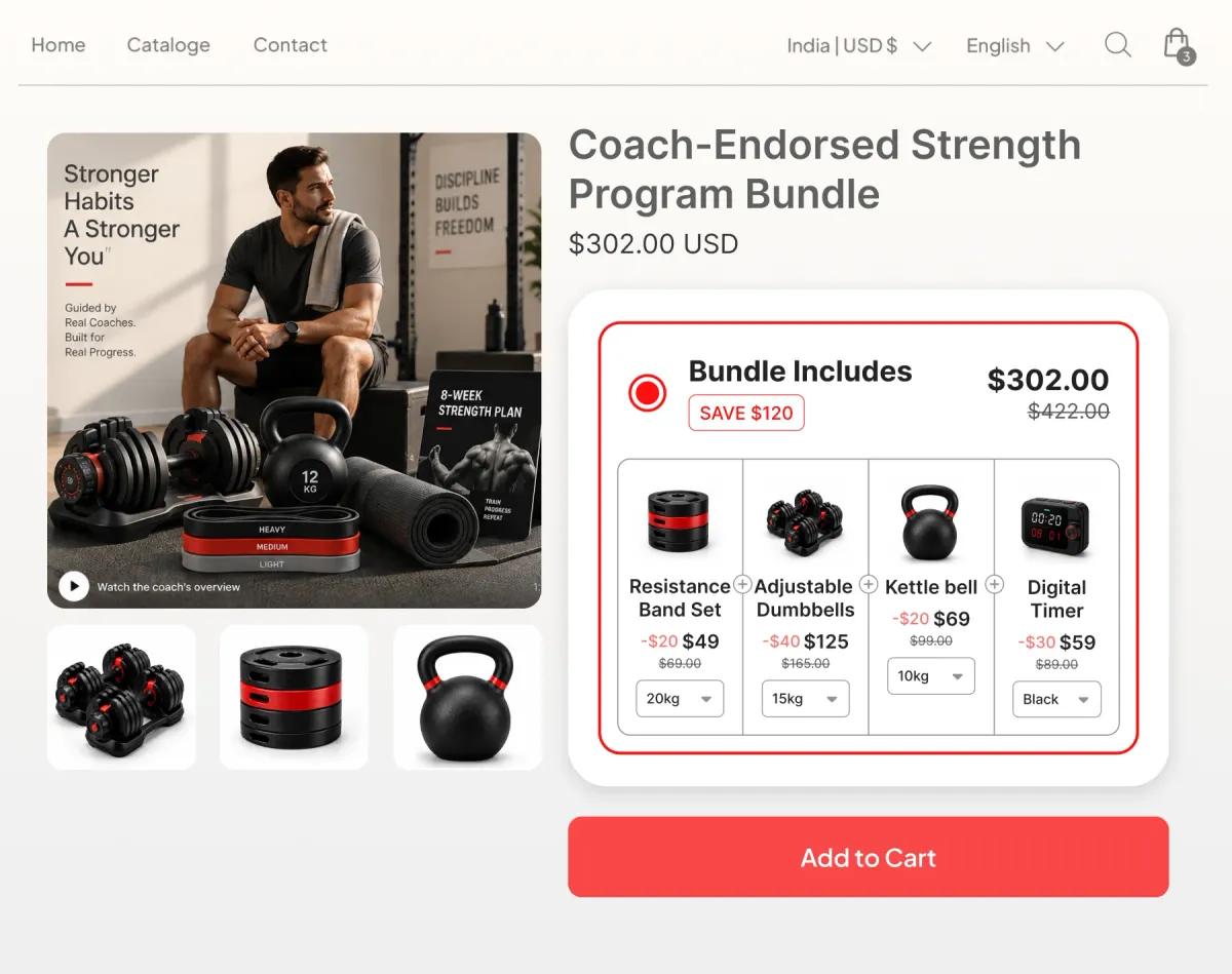 Coach-endorsed strength program bundle pairing a resistance band set, adjustable dumbbells, a kettlebell and a timer with an eight-week plan, saving $120