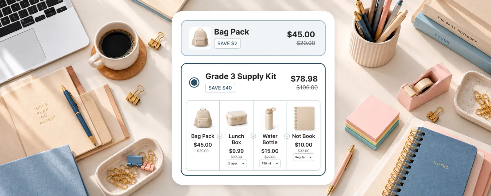 Desk flat lay of notebooks, pens and a planner, with a widget offering a backpack at $45 or a Grade 3 Supply Kit of backpack, lunch box, water bottle and notebook at $78.98
