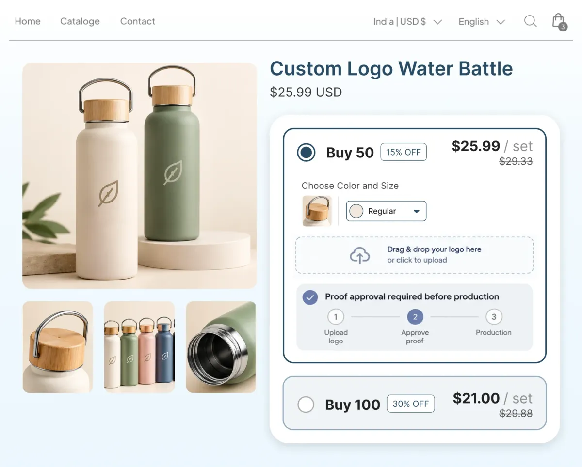 Custom logo bottle page with a logo upload, a three-step proof approval tracker, and bulk tiers at 50 sets and 100 sets
