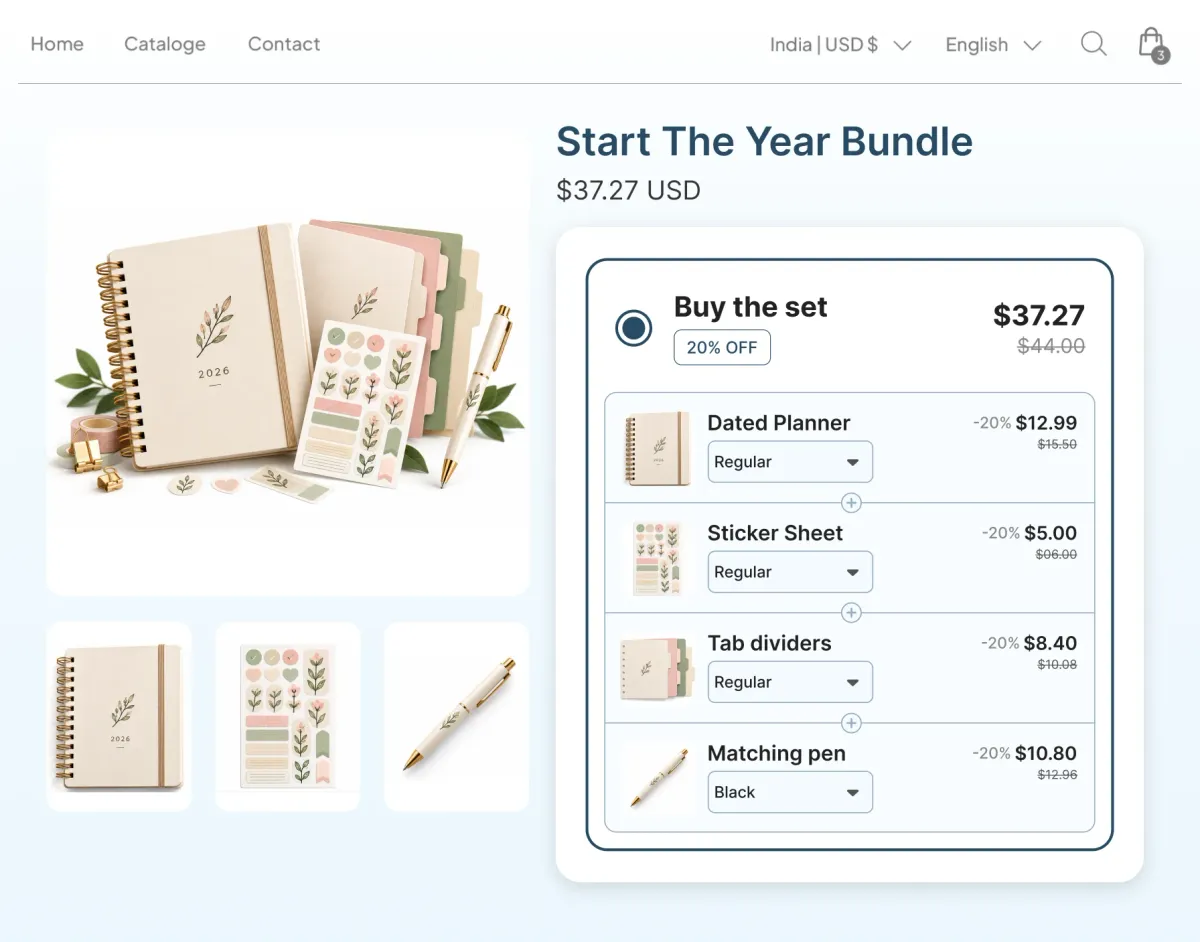 Start The Year bundle pricing a dated planner, sticker sheet, tab dividers and a matching pen together at $37.27