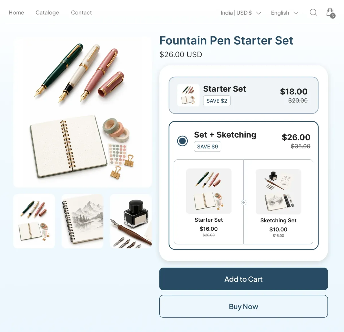 Fountain pen starter set page offering the set alone at $18 or the set with a sketching kit at $26