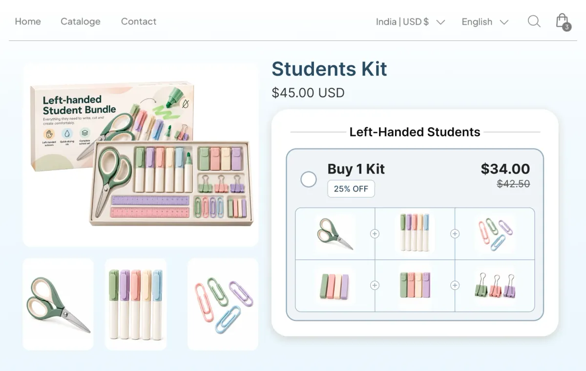 Students kit page with a Left-Handed Students bundle of left-handed scissors, markers and clips at 25% off