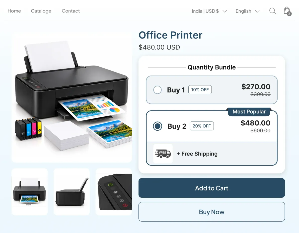 Office printer page where the two-unit quantity bundle at 20% off also clears the free shipping threshold