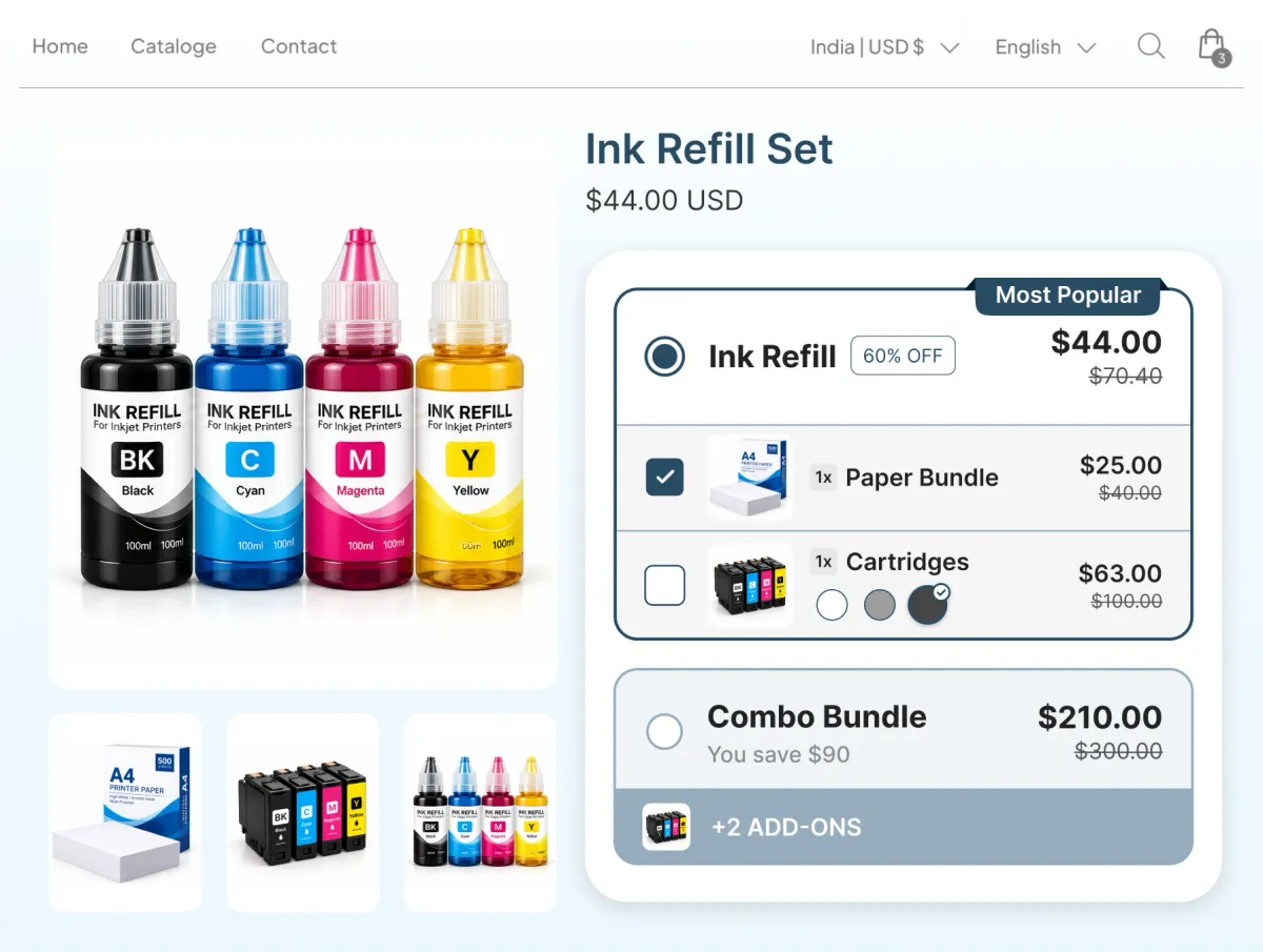 Ink refill set page with a paper bundle ticked as an add-on and cartridges offered as a second, with a combo bundle priced below