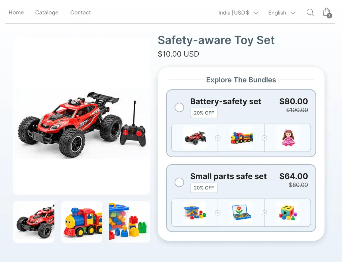 Safety-aware toy set page offering a battery-safety set of a remote car, train and doll at 20% off, or a small-parts safe set of larger-piece toys
