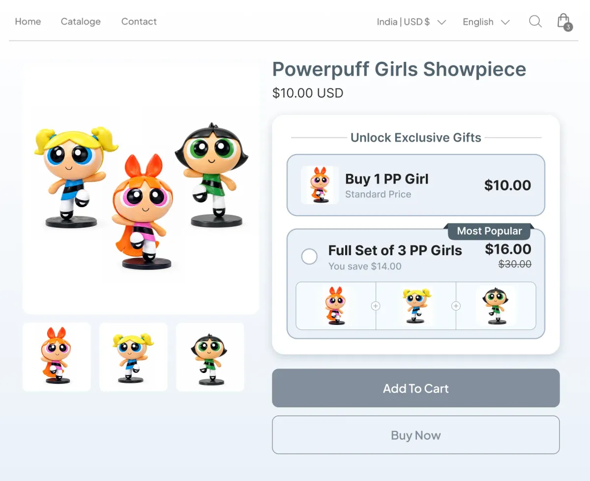 Collectible figure page offering a single figure at $10 or the full set of three at $16, with the three figures shown together as the completed set