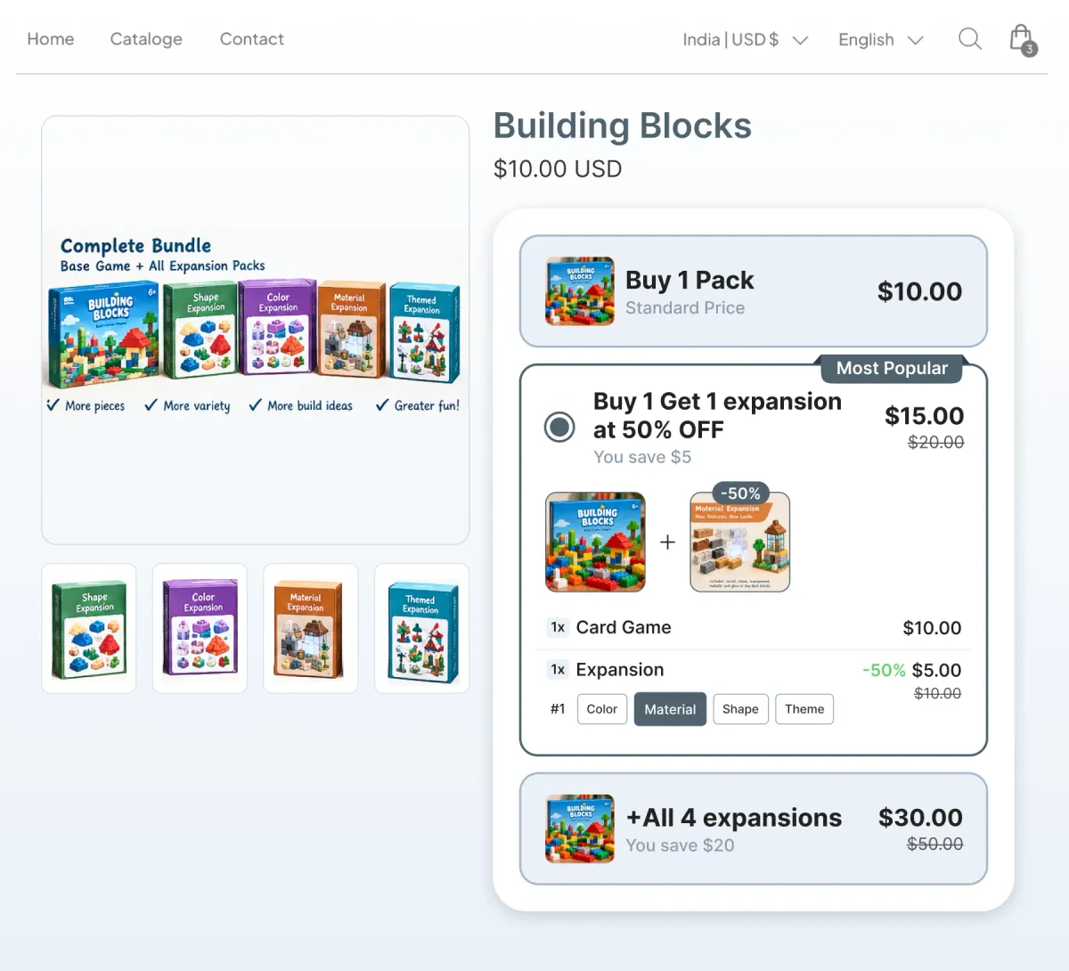 Building blocks page offering the base pack at $10, the base plus one expansion at 50% off, or the base plus all four expansions at $30