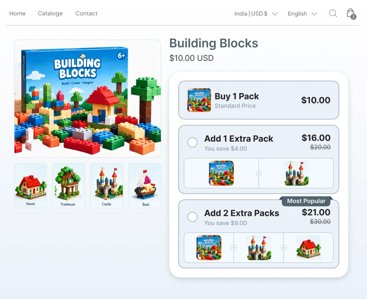 Building blocks page offering the base pack alone, plus one extra pack at $16, or plus two extra packs at $21, each pack shown as a separate finished build