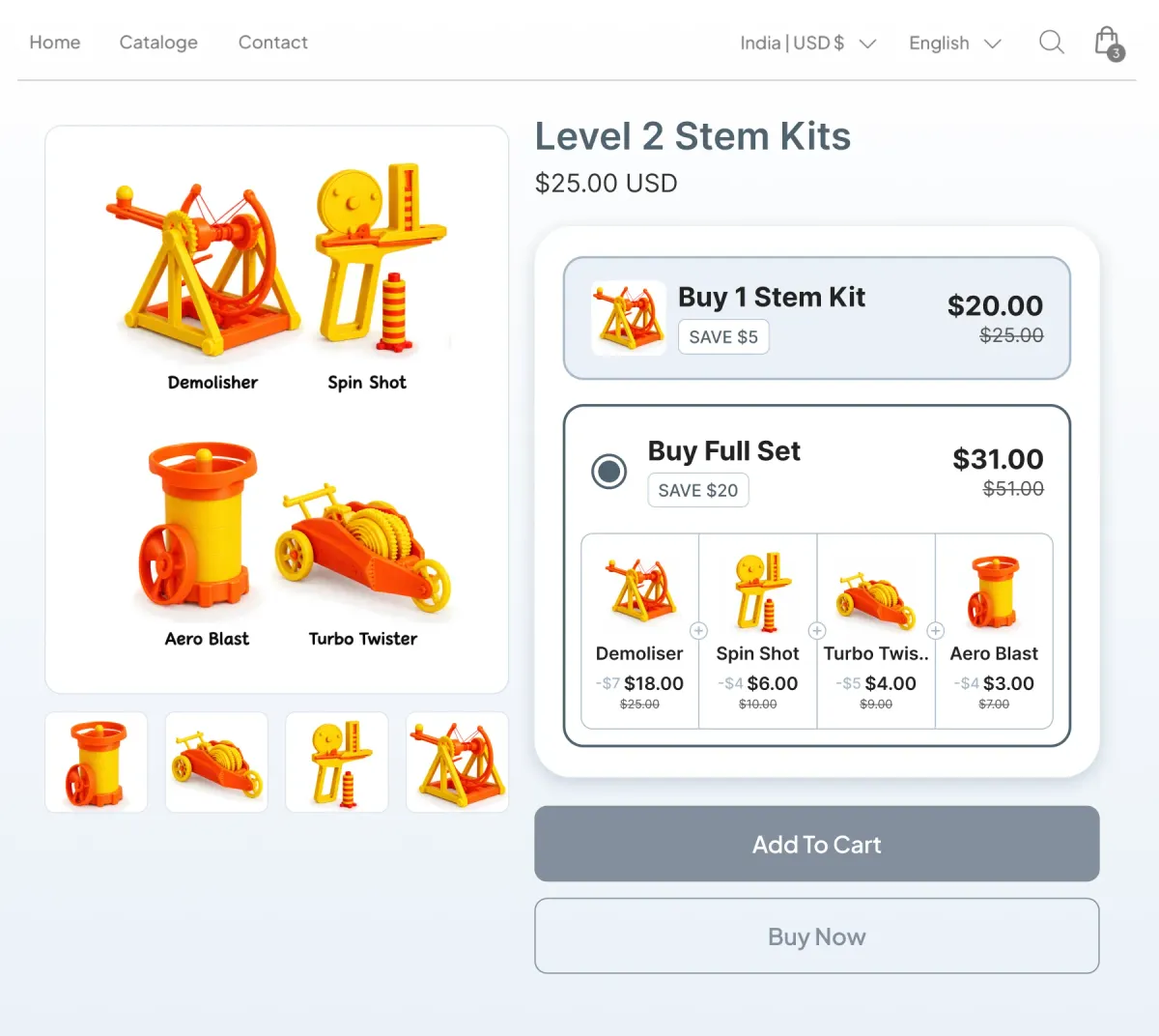 Level 2 STEM kits page offering one machine kit at $20 or the full set of four machines at $31, saving $20