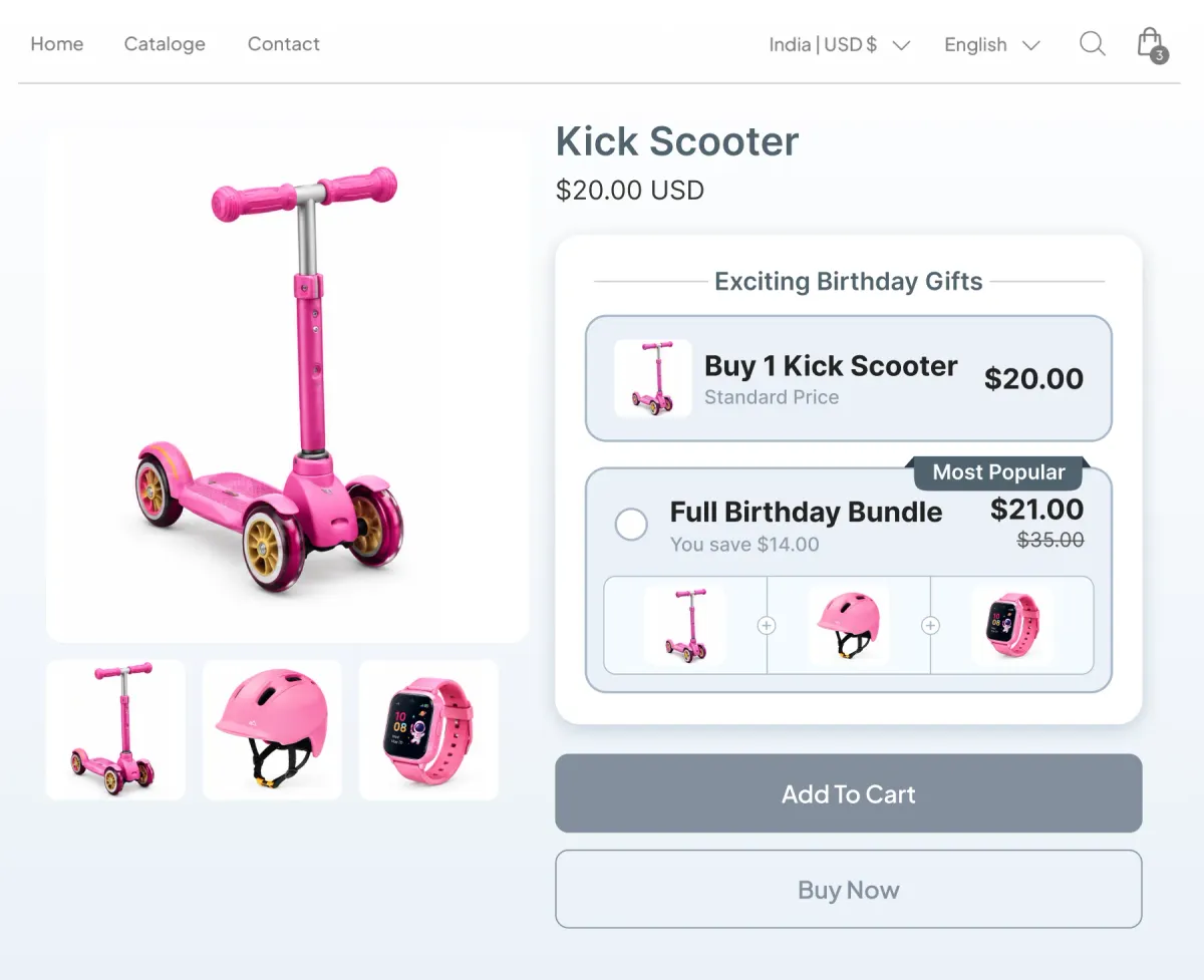Kick scooter page offering the scooter at $20 or a full birthday bundle of scooter, helmet and watch at $21, saving $14