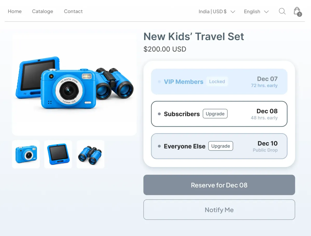New kids' travel set page opening the drop to VIP members 72 hours early, subscribers 48 hours early and everyone else on the public date