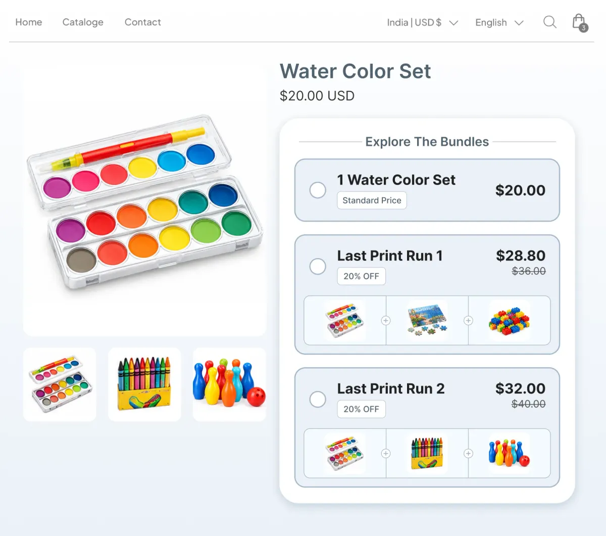 Paint set page offering the set alone or two Last Print Run bundles pairing it with other discontinued lines at 20% off
