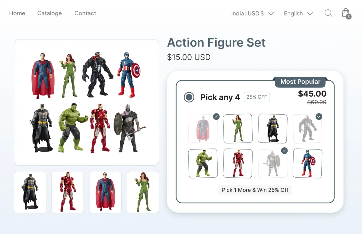 Action figure page with a Pick any 4 mix and match panel of eight figures at 25% off