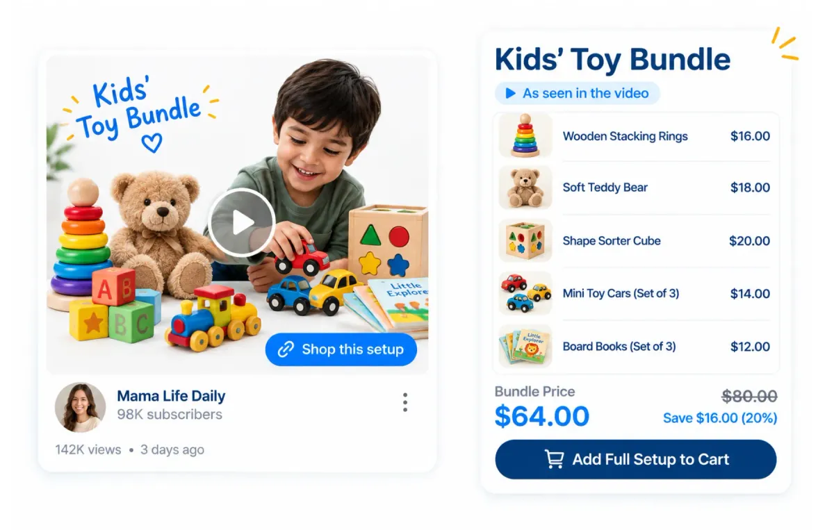 A family creator's toy bundle video beside a shop panel listing stacking rings, a teddy bear, a shape sorter, toy cars and board books as one $64 bundle, saving $16