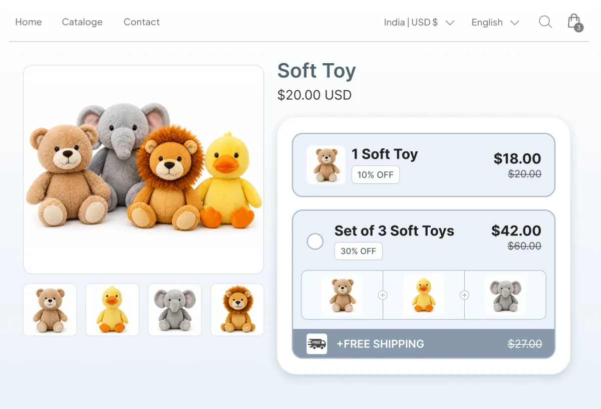Soft toy page offering one toy at $18 or a set of three at $42, 30% off, with free shipping attached to the set