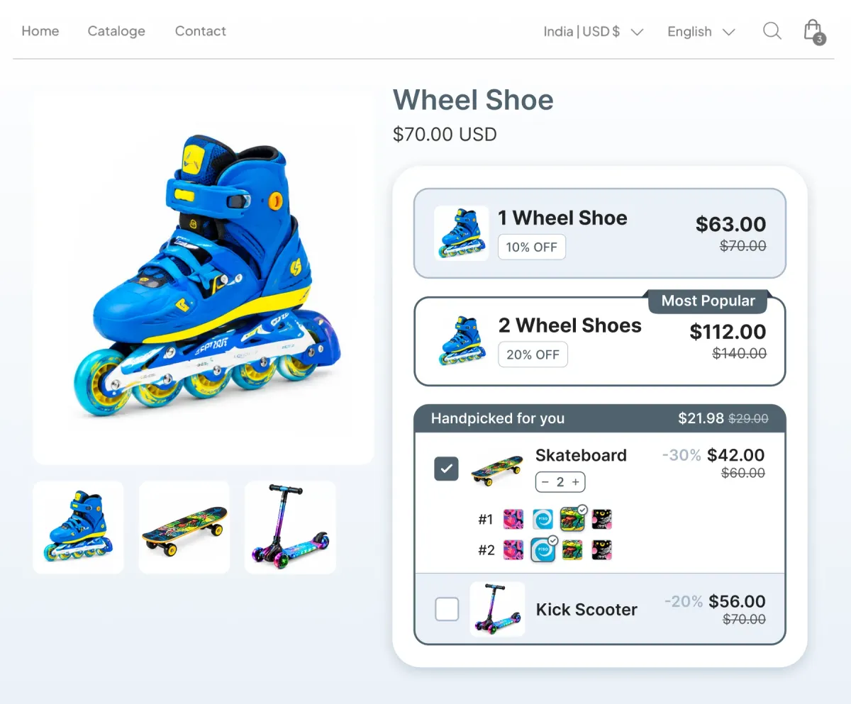 Inline skates page with one-pair and two-pair tiers, and a Handpicked for you row offering a skateboard at 30% off and a kick scooter to add