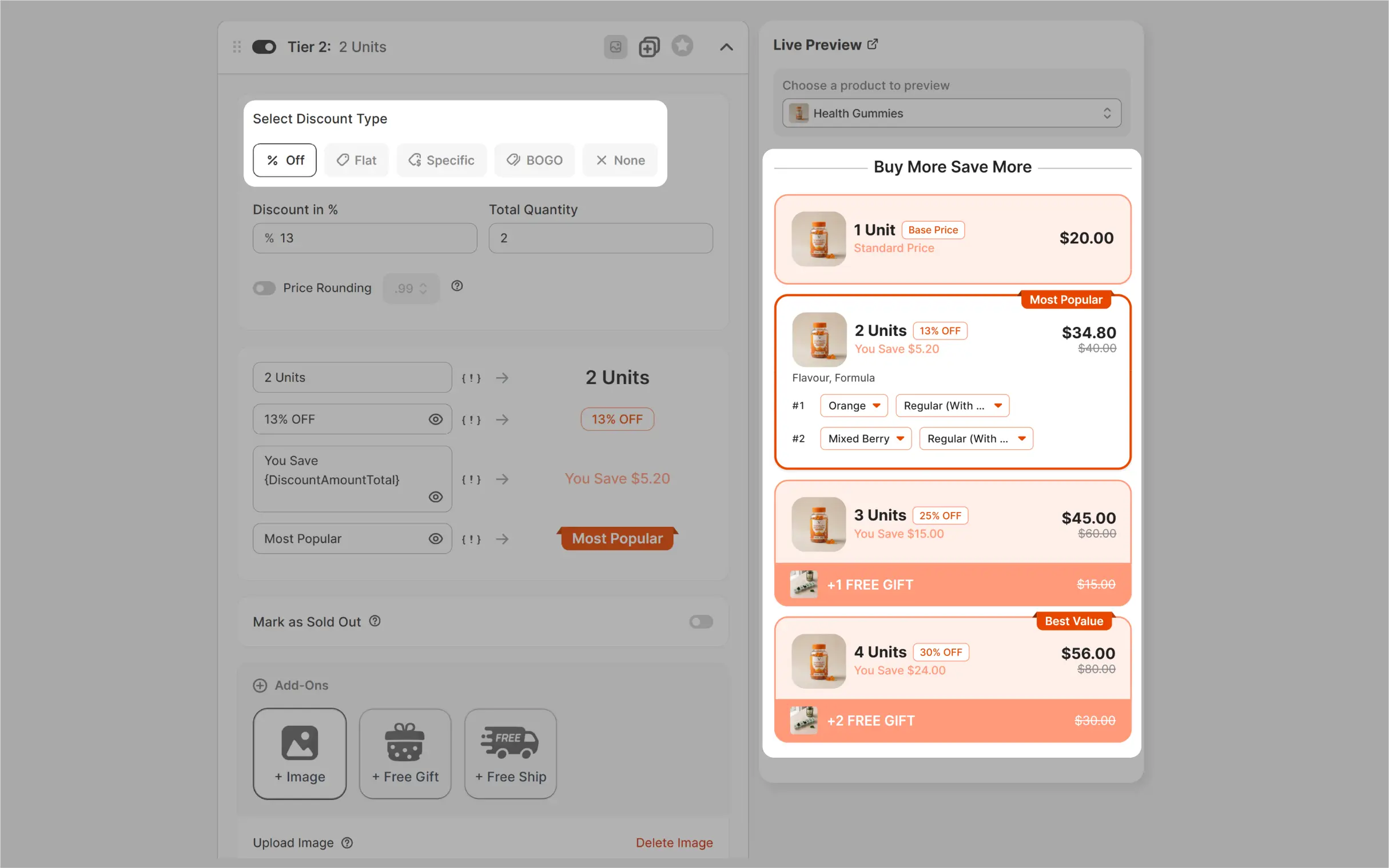 Profit Pumper tier setup dashboard with discount type selector and live preview of bundle widget